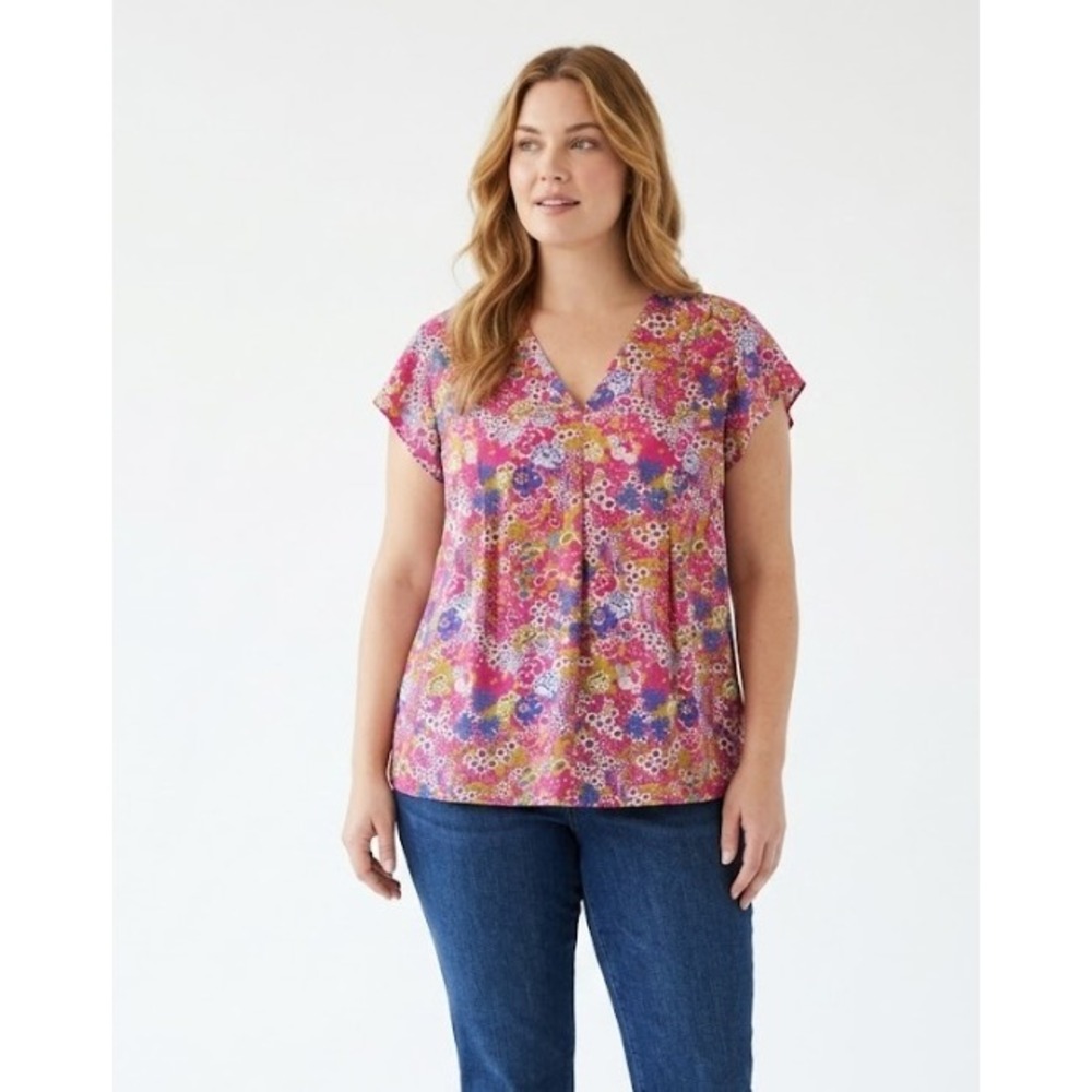 New Cynthia Rowley Floral V-Neck Blouse 1X Pink Flutter Sleeve Pleated Feminine